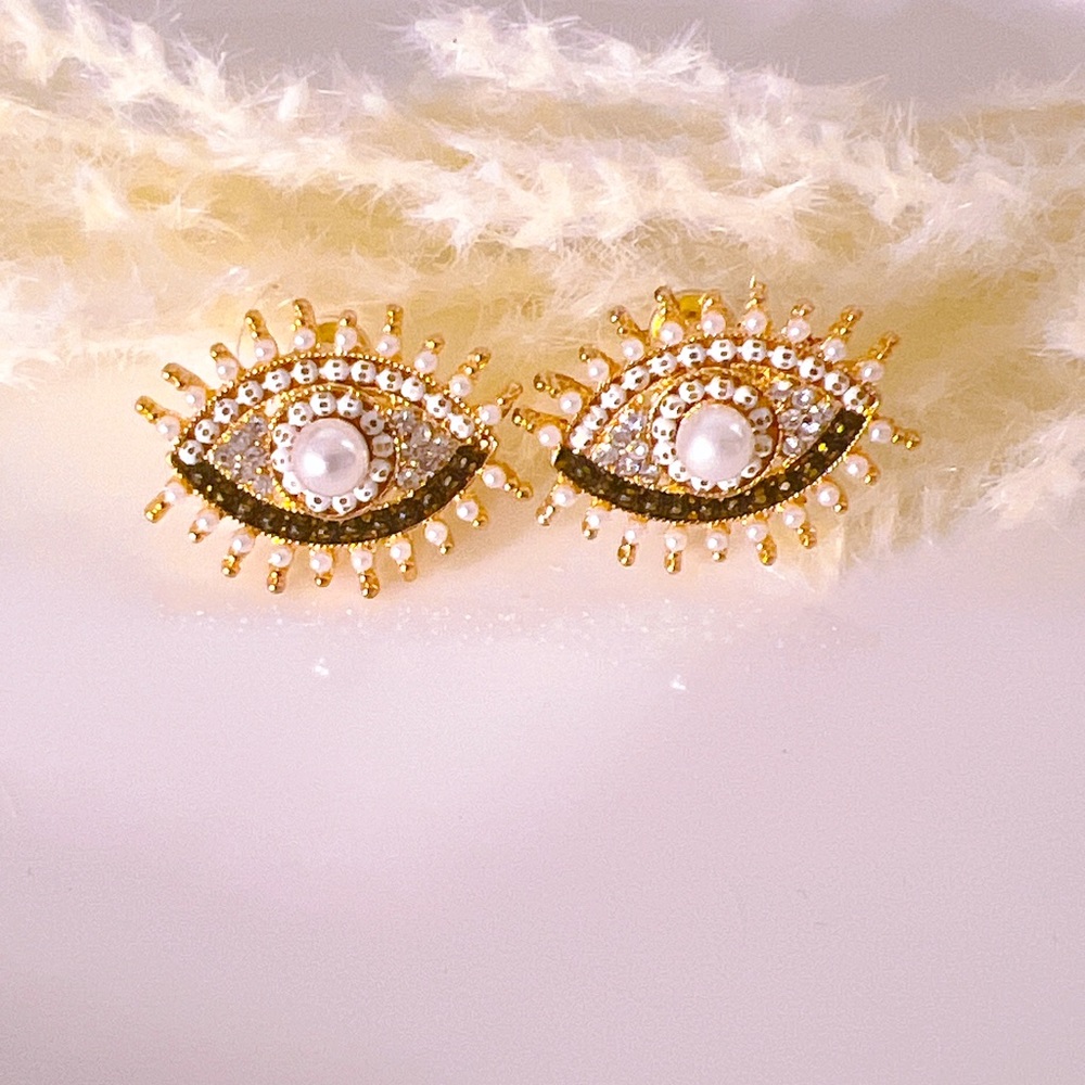 Gold Plated Eye Evil Eye Stud Earrings | Push Back | CZ, Pearls, Beads